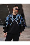 Erkek Yıldırım Baslılı Bisiklet Yaka 3 İplik Pamuklu Sweatshirt - Siyah