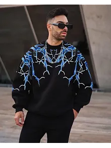 Erkek Yıldırım Baslılı Bisiklet Yaka 3 İplik Pamuklu Sweatshirt - Siyah
