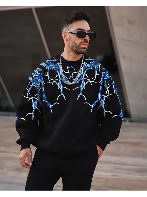 Erkek Yıldırım Baslılı Bisiklet Yaka 3 İplik Pamuklu Sweatshirt - Siyah
