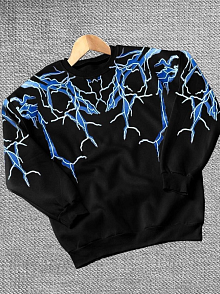 Erkek Yıldırım Baslılı Bisiklet Yaka 3 İplik Pamuklu Sweatshirt - Siyah