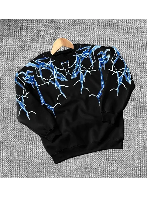 Erkek Yıldırım Baslılı Bisiklet Yaka 3 İplik Pamuklu Sweatshirt - Siyah