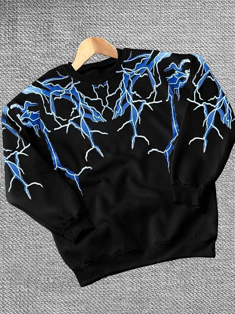 Erkek Yıldırım Baslılı Bisiklet Yaka 3 İplik Pamuklu Sweatshirt - Siyah