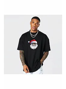 Yılbaşı Gözlüklü Noel Baba Baskılı Kısa Kollu Oversize Bisiklet Yaka T-shirt - Siyah Yılbaşı Gözlüklü Noel Baba Baskılı Kısa Kollu Oversize Bisiklet Yaka T-shirt - Siyah