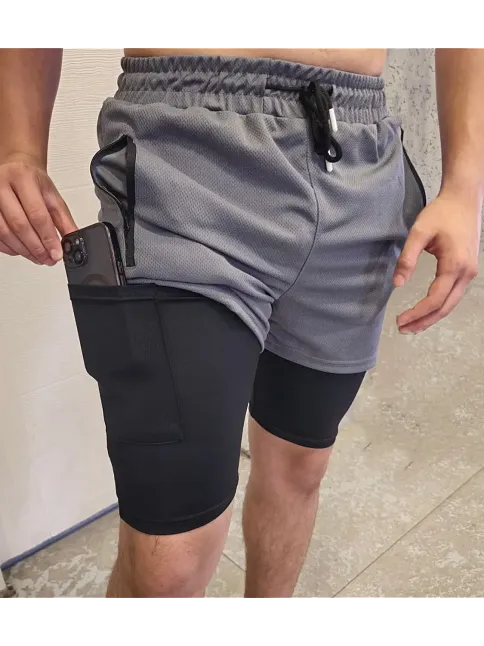 Erkek İç Cepli Sporcu Alt Taytlı Şort - Gri