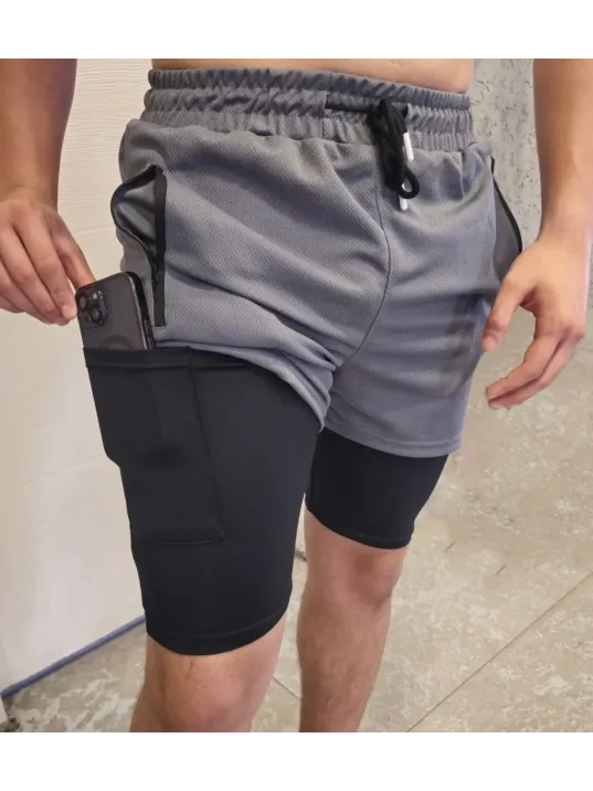 Erkek İç Cepli Sporcu Alt Taytlı Şort - Gri Erkek İç Cepli Sporcu Alt Taytlı Şort - Gri