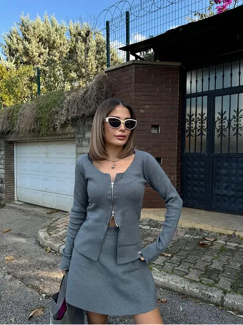 Kadın İkili Fermuarlı Hırkalı Etekli Takım - Füme