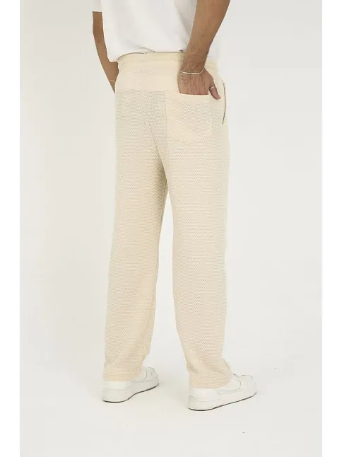 Erkek Jakar Kutu Desenli Baggy Eşofman Pantolon - Bej