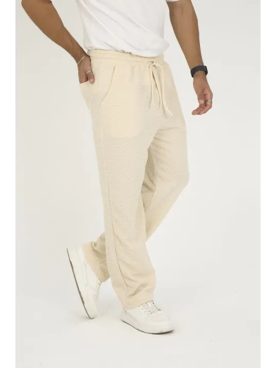 Erkek Jakar Kutu Desenli Baggy Eşofman Pantolon - Bej