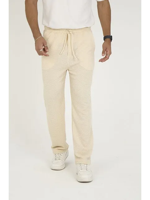 Erkek Jakar Kutu Desenli Baggy Eşofman Pantolon - Bej