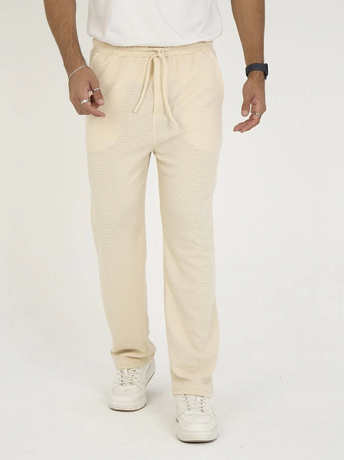 Erkek Jakar Kutu Desenli Baggy Eşofman Pantolon - Bej