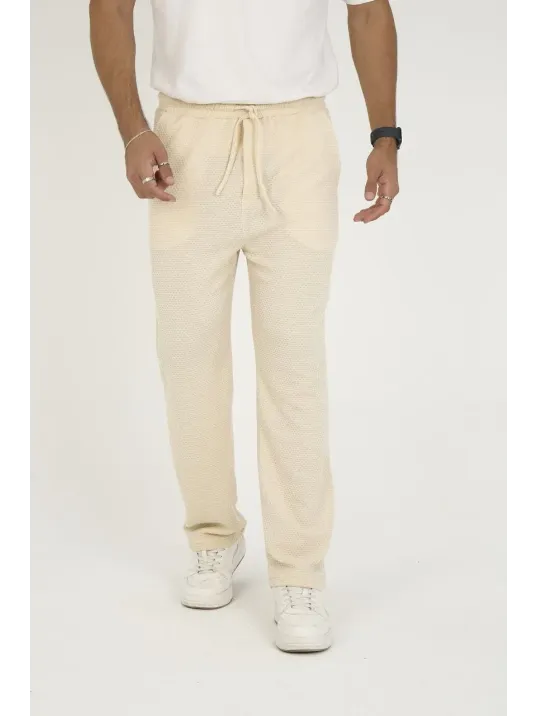 Erkek Jakar Kutu Desenli Baggy Eşofman Pantolon - Bej