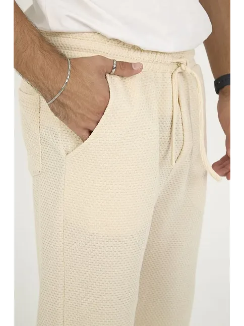 Erkek Jakar Kutu Desenli Baggy Eşofman Pantolon - Bej