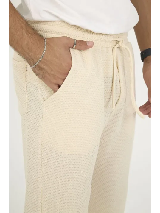 Erkek Jakar Kutu Desenli Baggy Eşofman Pantolon - Bej