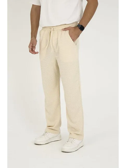Erkek Jakar Kutu Desenli Baggy Eşofman Pantolon - Bej