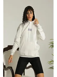 Kadın Oversize Kapüşonlu Cepli Baskılı 3 İplik Pamuklu Hoodie Sweatshirt - Beyaz