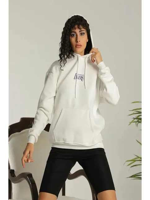 Kadın Oversize Kapüşonlu Cepli Baskılı 3 İplik Pamuklu Hoodie Sweatshirt - Beyaz
