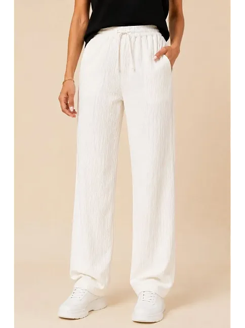 Kadın 2'li Bürümcük Kumaş Beli Lastikli Bağcıklı Bol Paça Pantolon - Beyaz/vizon