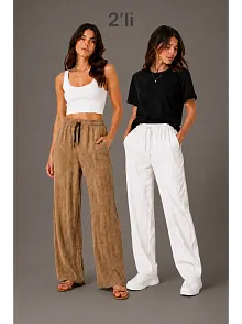 Kadın 2'li Bürümcük Kumaş Beli Lastikli Bağcıklı Bol Paça Pantolon - Beyaz/vizon