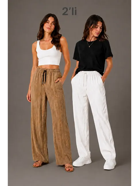 Kadın 2'li Bürümcük Kumaş Beli Lastikli Bağcıklı Bol Paça Pantolon - Beyaz/vizon
