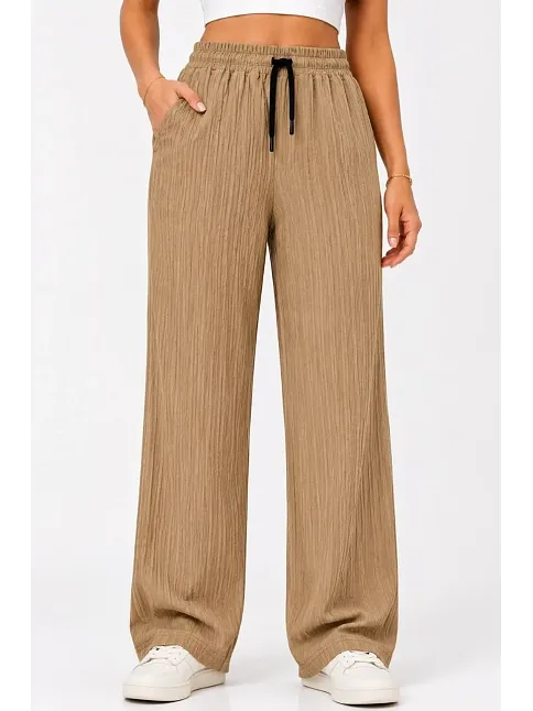 Kadın 2'li Bürümcük Kumaş Beli Lastikli Bağcıklı Bol Paça Pantolon - Beyaz/vizon