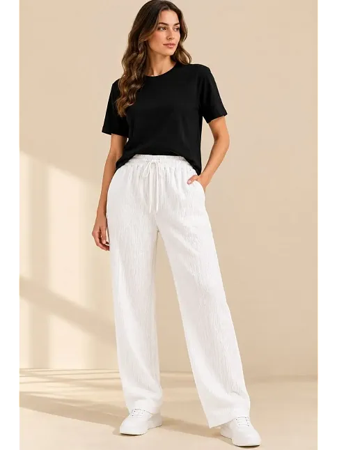 Kadın 2'li Bürümcük Kumaş Beli Lastikli Bağcıklı Bol Paça Pantolon - Beyaz/vizon
