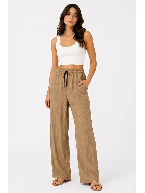 Kadın 2'li Bürümcük Kumaş Beli Lastikli Bağcıklı Bol Paça Pantolon - Beyaz/vizon