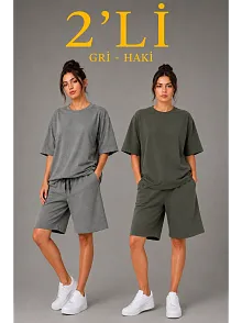 Kadın 2’li Oversize Tişört Şort Takım Seti Yazlık İki İplik Kumaş - Gri, Haki
