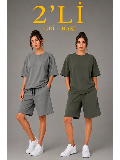 Kadın 2’li Oversize Tişört Şort Takım Seti Yazlık İki İplik Kumaş - Gri, Haki