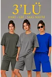 Kadın 3’lü Oversize Tişört Şort Takım Seti Yazlık İki İplik Kumaş - Gri, Saks Mavisi, Haki