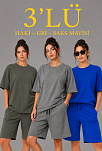 Kadın 3’lü Oversize Tişört Şort Takım Seti Yazlık İki İplik Kumaş - Gri, Saks Mavisi, Haki Kadın 3’lü Oversize Tişört Şort Takım Seti Yazlık İki İplik Kumaş - Gri, Saks Mavisi, Haki