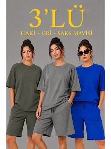 Kadın 3’lü Oversize Tişört Şort Takım Seti Yazlık İki İplik Kumaş - Gri, Saks Mavisi, Haki