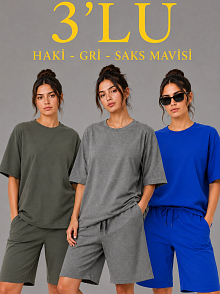 Kadın 3’lü Oversize Tişört Şort Takım Seti Yazlık İki İplik Kumaş - Gri, Saks Mavisi, Haki