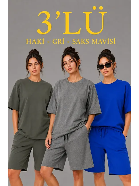 Kadın 3’lü Oversize Tişört Şort Takım Seti Yazlık İki İplik Kumaş - Gri, Saks Mavisi, Haki