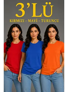 Kadın 3’lü Kısa Kollu Bisiklet Yaka Basic Slim Fit T-shirt - Kırmızı - Mavi - Turuncu
