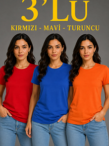 Kadın 3’lü Kısa Kollu Bisiklet Yaka Basic Slim Fit T-shirt - Kırmızı - Mavi - Turuncu