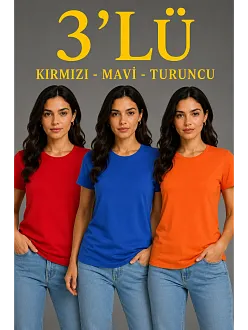 Kadın 3’lü Kısa Kollu Bisiklet Yaka Basic Slim Fit T-shirt - Kırmızı - Mavi - Turuncu