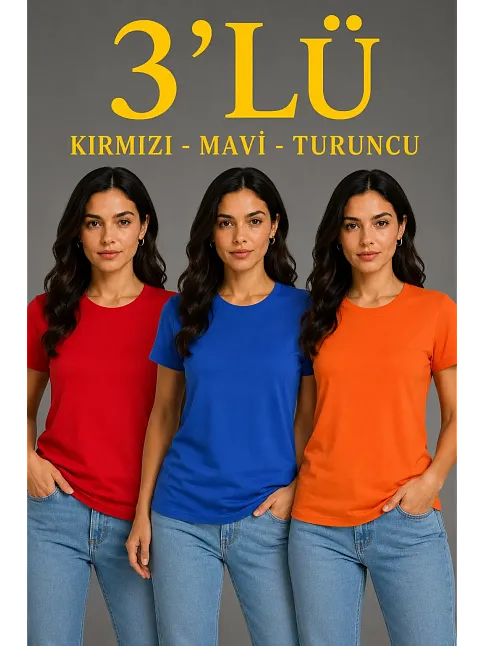 Kadın 3’lü Kısa Kollu Bisiklet Yaka Basic Slim Fit T-shirt - Kırmızı - Mavi - Turuncu