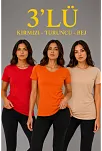 Kadın 3’lü Kısa Kollu Bisiklet Yaka Basic Slim Fit T-shirt - Kırmızı - Turuncu - Bej