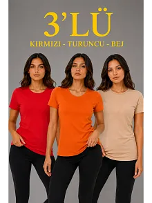 Kadın 3’lü Kısa Kollu Bisiklet Yaka Basic Slim Fit T-shirt - Kırmızı - Turuncu - Bej