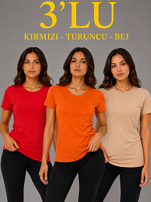 Kadın 3’lü Kısa Kollu Bisiklet Yaka Basic Slim Fit T-shirt - Kırmızı - Turuncu - Bej