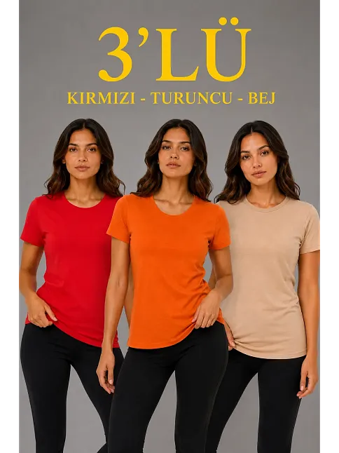 Kadın 3’lü Kısa Kollu Bisiklet Yaka Basic Slim Fit T-shirt - Kırmızı - Turuncu - Bej