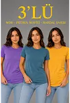 Kadın 3’lü Kısa Kollu Bisiklet Yaka Basic Slim Fit T-shirt - Mor - Petrol Mavisi - Hardal