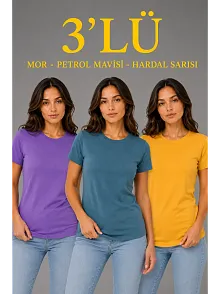 Kadın 3’lü Kısa Kollu Bisiklet Yaka Basic Slim Fit T-shirt - Mor - Petrol Mavisi - Hardal