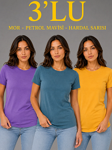 Kadın 3’lü Kısa Kollu Bisiklet Yaka Basic Slim Fit T-shirt - Mor - Petrol Mavisi - Hardal