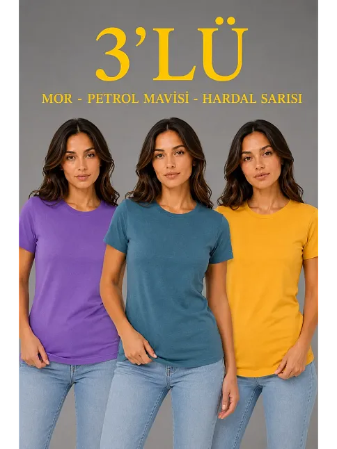 Kadın 3’lü Kısa Kollu Bisiklet Yaka Basic Slim Fit T-shirt - Mor - Petrol Mavisi - Hardal
