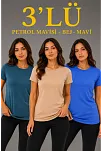 Kadın 3’lü Kısa Kollu Bisiklet Yaka Basic Slim Fit T-shirt -petrol Mavisi  - Bej - Mavi