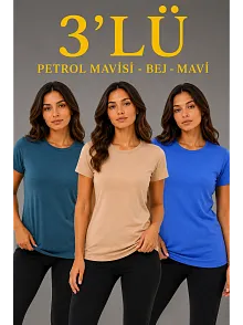 Kadın 3’lü Kısa Kollu Bisiklet Yaka Basic Slim Fit T-shirt -petrol Mavisi  - Bej - Mavi