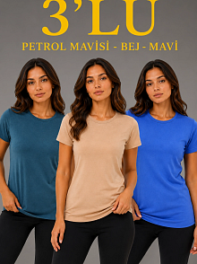 Kadın 3’lü Kısa Kollu Bisiklet Yaka Basic Slim Fit T-shirt -petrol Mavisi  - Bej - Mavi