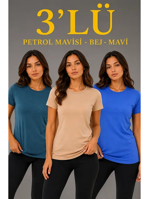 Kadın 3’lü Kısa Kollu Bisiklet Yaka Basic Slim Fit T-shirt -petrol Mavisi  - Bej - Mavi