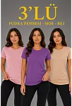 Kadın 3’lü Kısa Kollu Bisiklet Yaka Basic Slim Fit T-shirt - Pudra Pembe - Mor - Bej